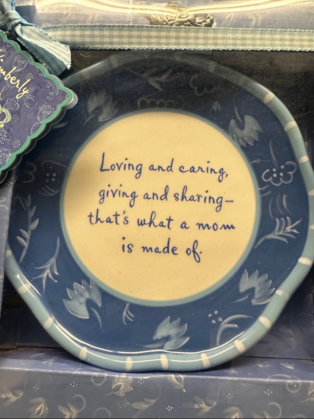 Blue Floral Ceramic Mom Plate - "Loving and caring"